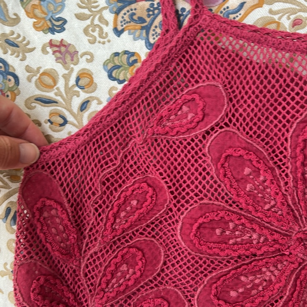 Free People Crochet Embroidered Floral Tank Top Sheer Fishnet Pink XS
